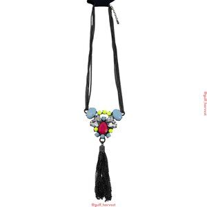 Black Chain Statement Boho Necklace w/ Tassel Multicolor Rhinestone Pendant